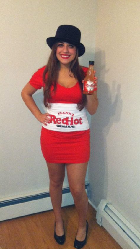 Franks Red Hot hot sauce Halloween costume Coke Bottle Halloween Costume, Taco Bell Sauce Costume, Cholula Hot Sauce Costume, Jack Daniel’s And Coke Halloween Costume, Hot Sauce Costume, Franks Red Hot Sauce, Costume Couples, Franks Red Hot, Hot Costume