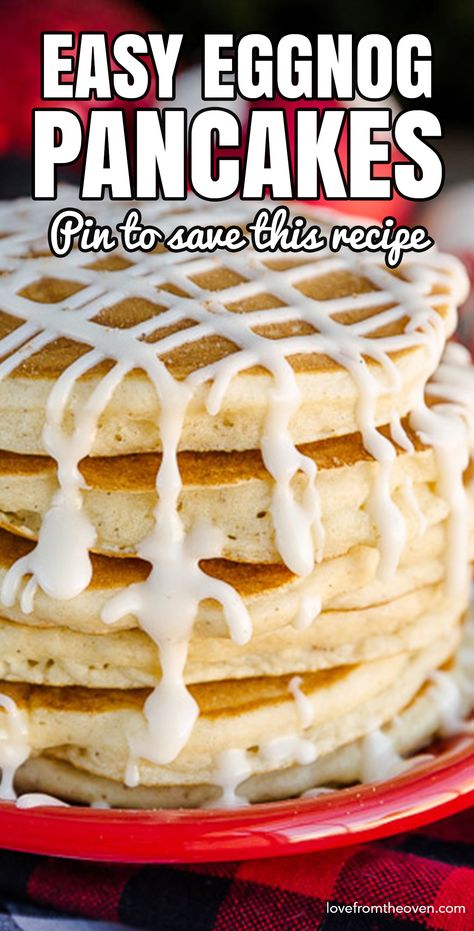 These Eggnog Pancakes are quick and easy to make, and make such a great holiday breakfast. We love to make these instead of buttermilk pancakes in December. #eggnogpancakes #pancakes #eggnog #recipes #breakfast #christmas #lftorecipes Krusteaz Pancake Mix Recipes, Eggnog Pancakes Recipe, Recipes Using Eggnog, Holiday Pancakes, Eggnog Glaze, Eggnog Pancakes, Crepes Pancakes, Eggnog Dessert, Easy Eggnog