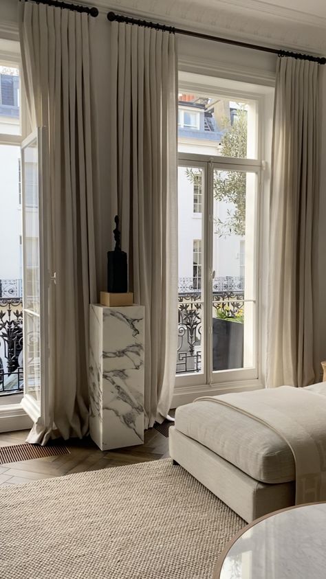 Modern Classic Curtains, French Curtains Living Room, Hotel Style Bedroom Curtains, Parisian Apartment Curtains, Hotel Style Curtains Window Treatments, Chic Curtains Living Room, Curtains Modern Living Room, Parisian Curtains, Rh Curtains