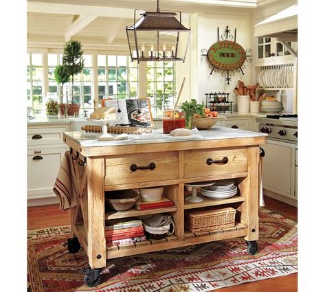 I like the rolling, butcher block topped cart! Pottery Barn Kitchen, Portable Kitchen Island, Freestanding Kitchen Island, Mobile Kitchen Island, Rustic Kitchen Island, Farmhouse Kitchen Island, Freestanding Kitchen, Kitchen Island With Seating, Country Kitchen Decor