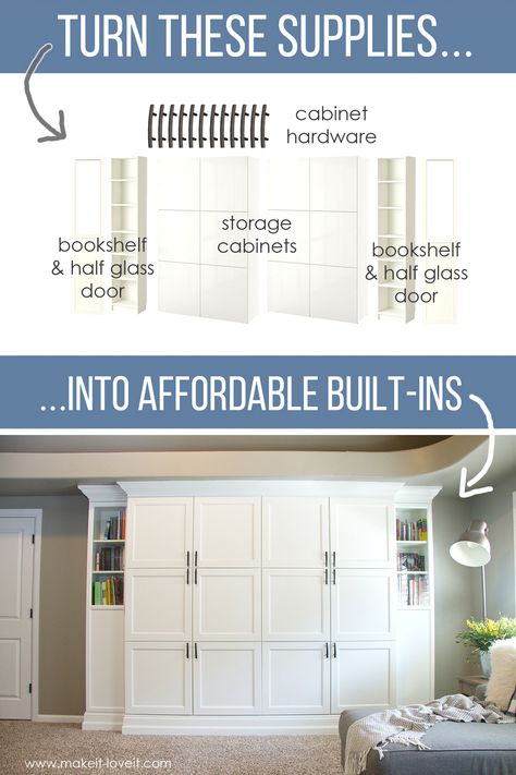 How to Turn Ikea Bookshelves into Custom Built-Ins | via www.makeit-loveit.com Ikea Built In, Bedroom Built Ins, Ikea Wall, Living Room Built Ins, Ikea Bookshelves, Ikea Living Room, Basement Storage, Bedroom Remodel, Custom Built Ins