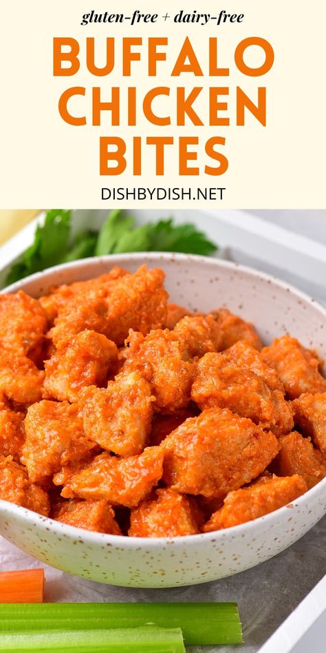 Hot, spicy and full of flavor, these air fryer buffalo chicken bites are the perfect appetizer, finger food or snack. Serve these as a tasty snack at Super Bowl or Game Day gatherings, or any party. Totally gluten-free and dairy-free too. Buffalo Chicken Chunks, Air Fryer Buffalo Chicken Bites, Buffalo Chicken Bites Air Fryer, Buffalo Chicken Salads, Buffalo Chicken Dips, Gluten Free Super Bowl Food, Chicken Recipes Buffalo, Super Bowl Chicken, Chicken Dip Crock Pot