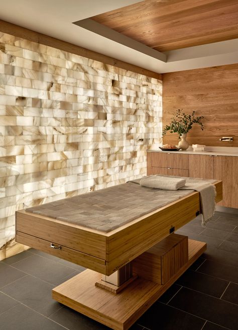 Home Gyms Get Holistic - Mansion Global Himalayan Salt Wall, Deco Spa, Massage Room Design, Salt Wall, Home Spa Room, Wellness Room, Spa Room Decor, Spa Interior Design, Salt Room