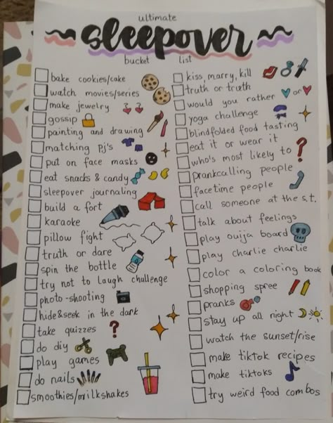 Sleepover Ideas 5 People, Stuff To Do At A Sleepover 3 People, Ultimate Sleepover Checklist, Things To Eat At A Sleepover, Snacks For A Sleepover, Things To Do At Sleepovers 2 People, Spin The Bottle Ideas For Friends, Sleepover Bucket List, Sleepover Ideas Aesthetic