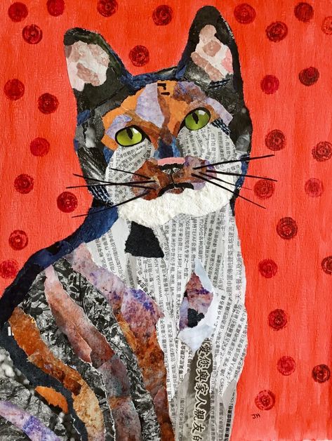 Een kunstzinnige nagedachtenis aan je overleden kat. Meer ideeën vind je op www.rememberme.nl I #kat #kunst #afscheid #herinnering #huisdier #rouw #verlies Animal Collage Art Mixed Media, Mixed Media Pet Portraits, Torn Paper Collage Ideas, Simple Mixed Media Art Ideas, Cat Collage Art, Paper Collage Art Ideas, Torn Paper Art, Collage Cat, Torn Paper Collage