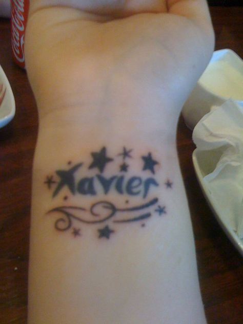 My 6th & 7th tattoo - "Xavier" + Stars - Tattoo Zoo, Cork City. I got "Xavier" done first and a year later I got the rest. Xavier Tattoo Name, 7 Tattoo, Stars Tattoo, Tattoo Name, Cork City, Name Tattoos, Star Tattoos, A Year, Tattoo Quotes