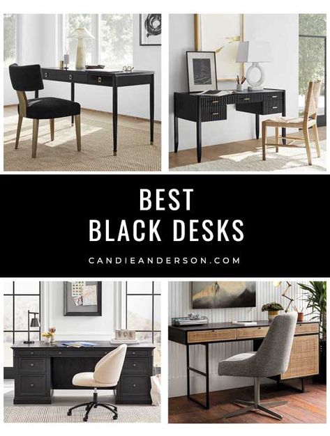 15 Gorgeous Black Desks You'll Love In Every Design Style & Trend - Candie Anderson Black Desk In Office, Dark Desk Setup, Black Desk Decor Ideas, Black Desk Decor, Black Desks, Black Office Desk, Diy Floating Desk, Desk In Office, Dark Desk