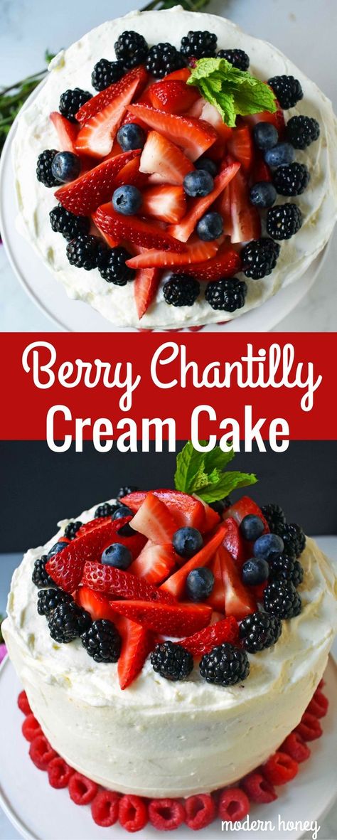 Berry Chantilly Cream Cake. Homemade 5 Star Rated Yellow Cake layered with chantilly cream frosting and fresh berries. A perfect Spring, Summer, or Mother's Day dessert. A gorgeous popular fresh fruit cake. www.modernhoney.com Chantilly Cream Cake, Chantilly Cake Recipe, Mothers Day Desserts, Fresh Fruit Cake, Cake Light, Cake Homemade, Cake Fruit, Chantilly Cream, Kid Desserts