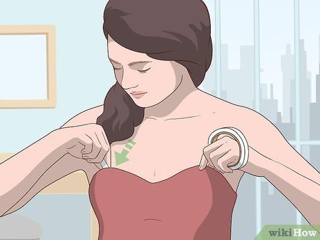 4 Ways to Keep a Strapless Dress Up - wikiHow How To Style Strapless Top, Formal Hair Strapless Dress, Jewelry With Strapless Dress, How To Wear A Strapless Dress, Necklaces To Wear With Strapless Dress, Necklace With Strapless Dress, Strapless Dress Accessories, Strapless Dress Hacks Tips, Strapless Dress Too Big Hacks