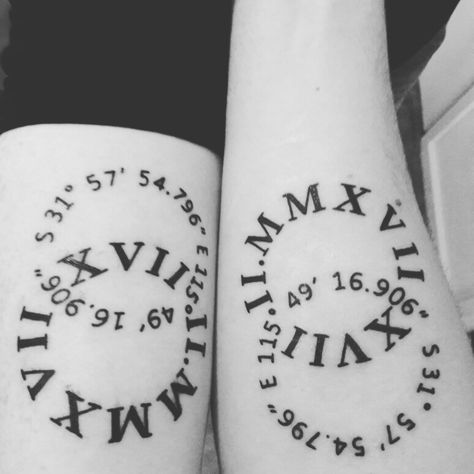 Wedding Tattoo  Date and co- ordinates tattoo Special Dates Tattoo Ideas, Tattoos Dates Ideas, Special Date Tattoo Ideas, Wedding Coordinates Tattoo, Anniversary Date Tattoo, Coordinates Tattoo Couples, Anniversary Date Tattoo Ideas, Timeline Tattoo Ideas, Co Ordinates Tattoo