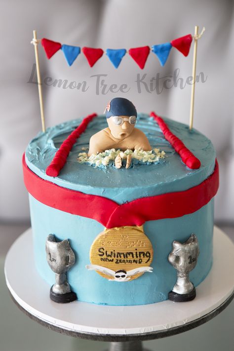 Swimmer cake - Swiss meringue buttercream with fondant styling. Lane ropes, flags and awards. 3D swimmer. Swimmer Cake, Meringue Buttercream, Swiss Meringue, Swiss Meringue Buttercream, Cupcake Ideas, Lemon Tree, Celebration Cakes, Themed Cakes, Meringue