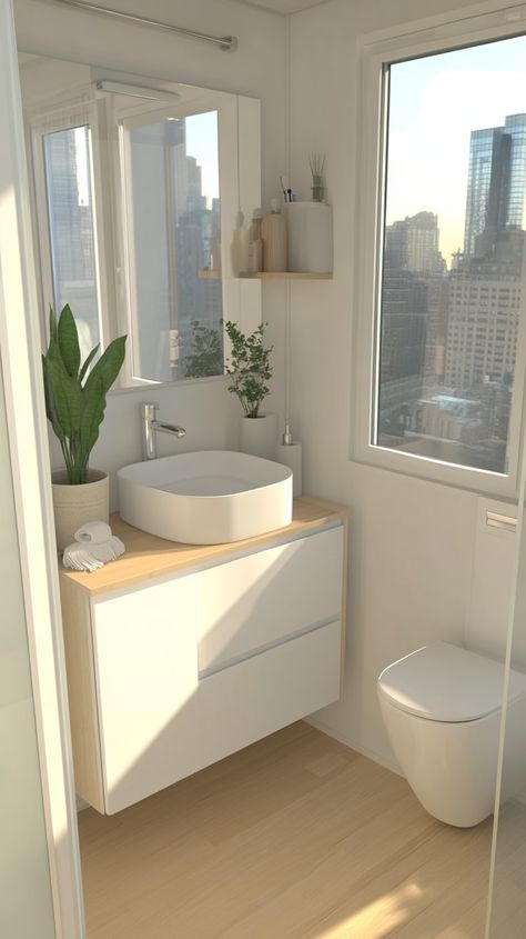 Small bathroom with white walls, light wood floor, modern sink, frosted glass door, city view, and a small plant. Bathroom Sink Under Window, Small Bathroom Without Windows, Bathroom Without Windows, Small Bathroom Solutions, Clever Storage Ideas, City Bathrooms, Rustic Comforter, Ideas For Small Bathrooms, Bathroom Retreat