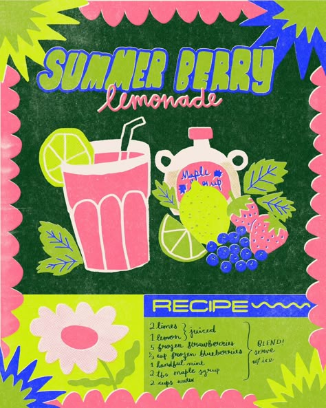 Recipe Design Graphic, Recipe Wall Art, Lemonade Illustration, Water Illustration, Bazaar Ideas, Fresh Lemonade, Riso Print, Summer Berries, Summer Cards