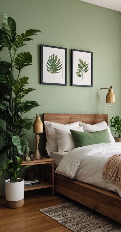 25 Plants in Bedroom Ideas » Comfy Ideas Room Plants Bedroom, Plants In Bedroom Decoration, Modern Bedroom With Plants, Bedroom Ideas Comfy, Bedroom Emerald Green, Green Bedroom Wall Decor, Plants In Bedroom Ideas, Green Themed Room, Bedroom Plants Decor Ideas