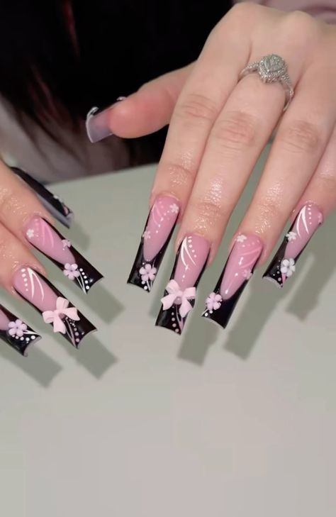 Hot Pink And Black Acrylic Nails Designs, Nails With Plastic Flowers, Long Square Acrylic Nails Spring, Black Long Nails Ideas, Hot Pink And Black Nails Acrylics, Corset Nails, Grad Nails, Gold Acrylic Nails, Nail Board