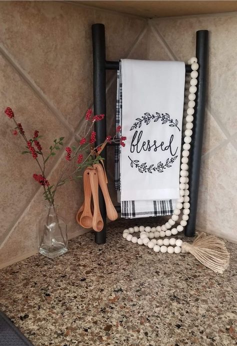 Ladder In Kitchen Decor, Small Ladder Decor Ideas Kitchen, Kitchen Counter Ladder Decor, Tea Towel Ladder Decor, Mini Ladder Decor Ideas Kitchen, Small Ladder Decor, Mini Ladder Decor Ideas, Diy Mini Ladder For Tiered Tray, Mini Ladder Decor