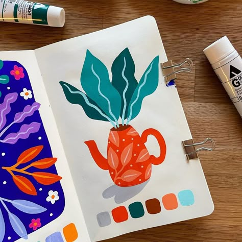 Illustration Project Ideas, Floral Gouache Painting, Gouache Sketchbook Art Journals, Guache Illustration, Simple Gouache Painting, Paint Marker Art Ideas, Gouache Inspiration, Paint Marker Art, Gouache Sketchbook