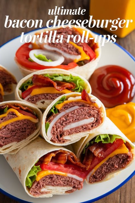 Delicious bacon cheeseburger flavors rolled up in a tortilla for a tasty and easy-to-eat meal or snack. Perfect for any occasion! Rollup Recipes Tortilla, Hamburger Tortilla Wrap, Hamburger Tortilla, Cheeseburger Tortilla, Tortilla Snacks, Thanksgiving Soups, Mexican Pasta, Thanksgiving Breakfast, Tortilla Wrap