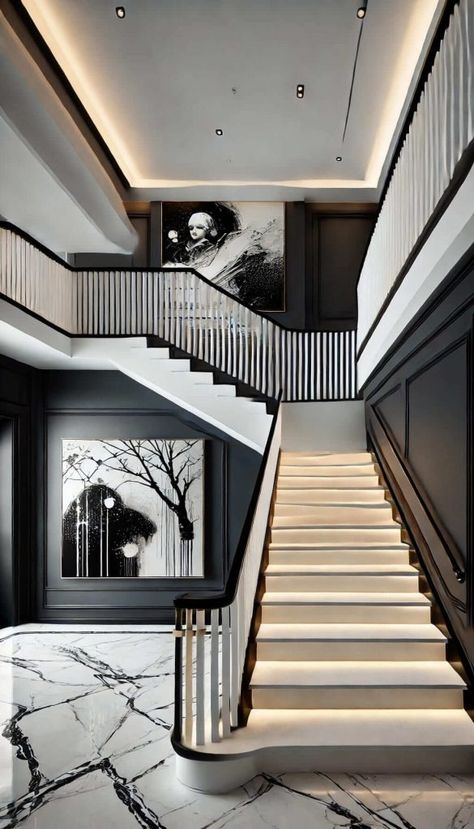 25 Stunning Black Accent Wall Ideas to Elevate Your Home's Style 43 Black Accent Wall Stairway, Accent Wall Stairs Staircases, Black And White Wall Ideas, Black Walls White Trim, Staircase Wall Design Modern, Accent Wall Staircase, Stairs Feature Wall, Stair Accent Wall, Stairwell Wall Ideas