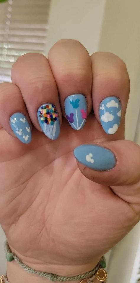 Disney Up inspired acrylic nail art Disney Nails Up, Disney Up Nail Designs, Up Disney Nails, Theme Park Nails, Pixar Nails Acrylic, Disney Nails Diy, Princess Disney Nails, Inside Out 2 Nails, Disney Pixar Nails