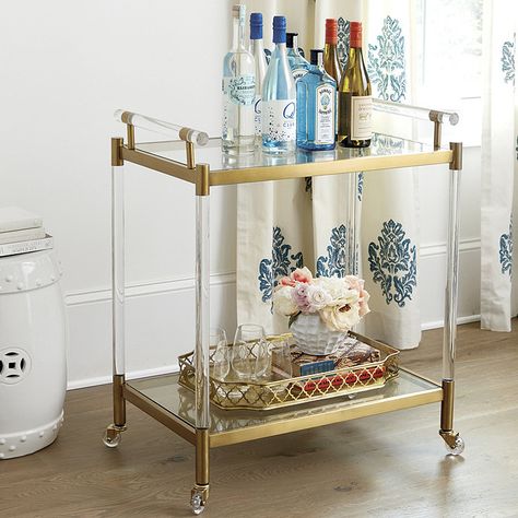 Isadora Acrylic Bar Cart Acrylic Bar Cart, Diy Bar Cart, Acrylic Bar, Rolling Bar Cart, Gold Bar Cart, Bar Cart Styling, Tempered Glass Shelves, Bar Cart Decor, Contemporary House Design