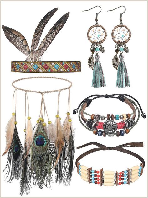 5 Pieces Style Jewelry Set Includes Feather Headdress Faux Peacock Feather Hair Band Boho Dream Catcher Dangle Earrings Choker Necklace Bracelet for Women Girls catcher tassel Suede Choker Necklace, Boho Dream Catcher, Romantic Earrings, Costume Jewelry Sets, Feather Hair, Feather Headdress, Feather Headband, Dream Catcher Boho, Indian Jewelry Sets