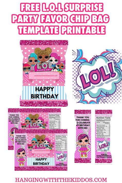 L.O.L Surprise Party Favor Chip Bag Template Printable. You can fill them with chips, candy, popcorn, small toys, pretzels, cotton candy, cookies, and more. L O L Surprise Party, Lol Surprise Party, Cotton Candy Cookies, Suprise Birthday, Chip Bag Template, Bag Template, Diy Party Supplies, Birthday Party Printables, Custom Party Favors