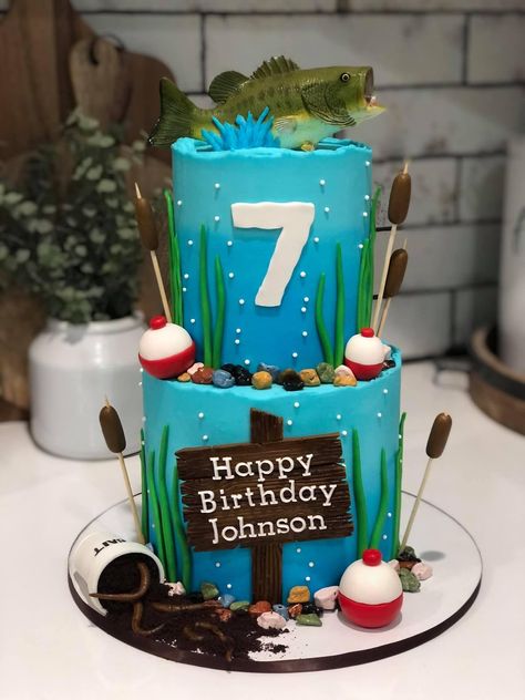 Birthday Fishing Cake, Fishing Themed Birthday Party Cake, Fishing Birthday Cake Boys, Fishing Birthday Party Cake, Fishing Cupcake Cake, Fishing Cake Ideas, Fishing Cakes For Kids, First Birthday Fishing Theme Cake, Fishing Birthday Cake