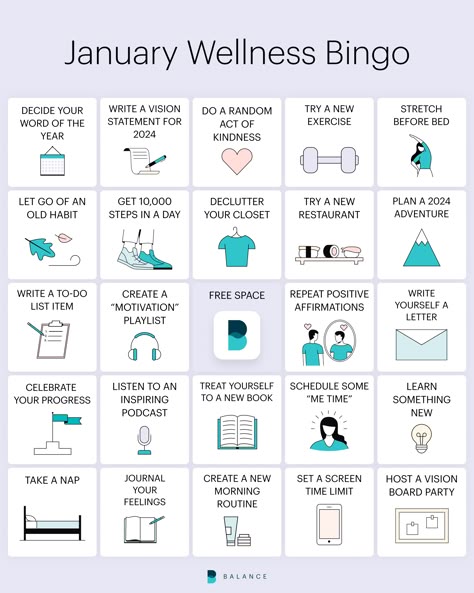 New Year Wellness Bingo | The Balance App New Year Wellness, Wellness Bingo, Before Bed Workout, Wellness Ideas, Wellness Challenge, Workplace Wellness, Wellness Activities, Short Term Goals, Bingo Board