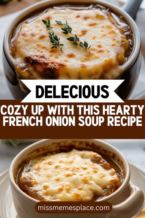 Cozy up with a steaming bowl of hearty French onion soup that warms both body and soul. This recipe combines the sweetness of caramelized onions with the depth of rich beef broth, creating a delightful flavor experience. Topped with crusty bread and melty Gruyère cheese, every spoonful is a comforting hug in a bowl. Perfect for chilly nights or as a comforting lunch, this easy recipe will quickly become a family favorite. Gather your ingredients and discover Best French Onion Soup, French Onion Soup Bowls, Classic French Onion Soup, Onion Soup Recipe, French Onion Soup Recipe, Onion Soup Recipes, Elegant Appetizers, Quick Weeknight Meals, Easy Soup Recipes