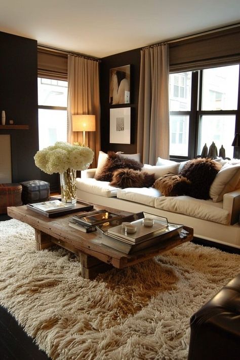 23 Brown Living Room Ideas That Are So Chic, You'll Want to Redecorate ASAP Dark Brown And Cream Living Room, Brown And White Living Room Decor, Brown Black Living Room, Brown Apartment Aesthetic, Brown And Beige Living Room Ideas, Moorish Decor, Dark Brown Decor, Brown Apartment, Brown And White Living Room