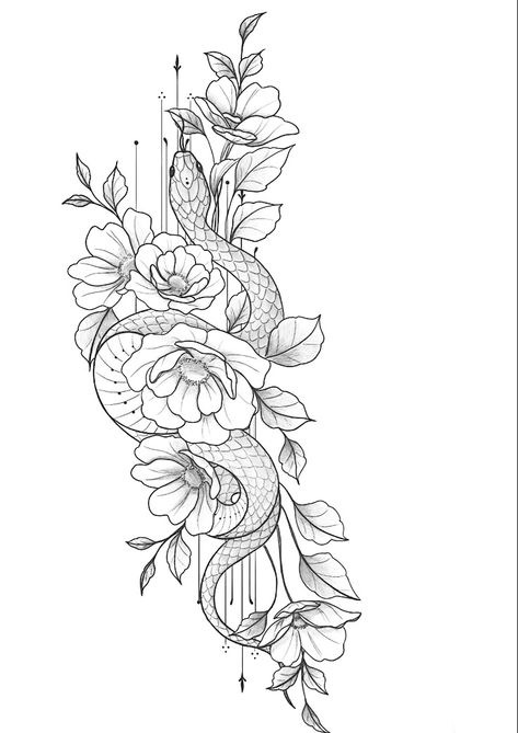 Snake In Flowers Tattoo, Animal And Flower Tattoo, Hip Thigh Tattoos Women, Chest Tattoo Animal, Big Thigh Tattoos, Long Tattoo Design, Snake Flower Tattoo, Foliage Tattoo, Tattoos Hip