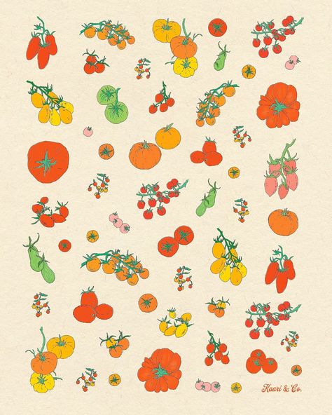 I’ve been keeping this to myself for too long so I’m caving and letting myself share this sneak peek! The tomato illustrations I drew for my Tomato Varieties poster earlier this year has been a gift that just keeps giving!!! I took all the tiny drawings and fit them together into this pattern that’s going to be used on two new products dropping on my website in the next few weeks!!! Stay tuned 🍅 ✨🍋✨🌶️✨🍓 Tomato Sketch, Tomatoes Drawing, Tomato Aesthetic, Tomato Poster, Tomato Illustration, Tomato Print, Tomato Drawing, Tiny Drawings, Tomato Varieties