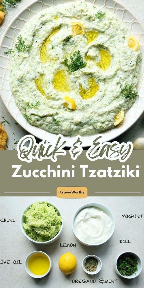 This Zucchini Tzatziki is made with shredded zucchini sauteed in garlic and olive oil and then added to creamy yogurt with lemon, herbs, and spices. Enjoy this savory side dish with your favorite Mediterranean meals. #tzatziki #zucchini #zucchinirecipes #vegetarian Zucchini Sauteed, Roasted Zucchini Recipes, Meze Recipes, Zucchini Dip, Tzatziki Dip, Mediterranean Dinner, Tzatziki Sauce Recipe, Garlic And Olive Oil, Creamy Yogurt