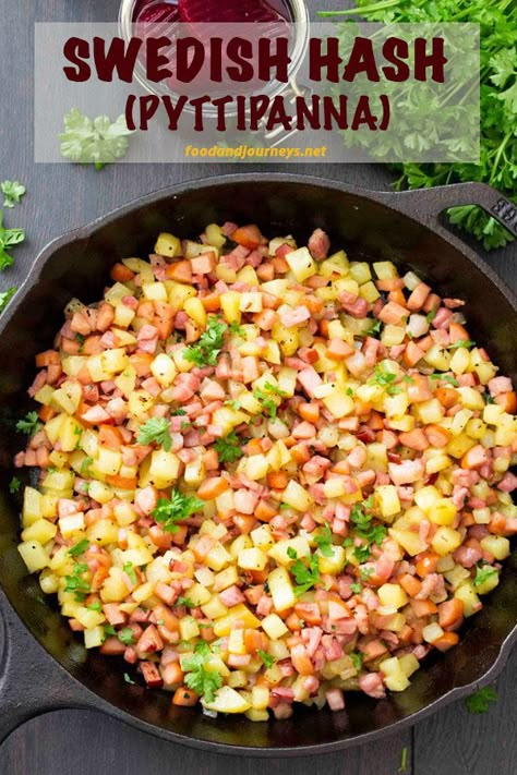 A classic Swedish dish that you can easily prepare! Swedish Hash (Pyttipanna) is tasty, filling and ready in no time.  Great for breakfast, brunch, lunch, or even dinner! Recipe | Traditional | Nordic | Swedish | Scandinavia. #swedishrecipe #authenticswedish #swedishcuisine #potato #hash #ham #bacon #sausage #breakfast Breakfast Sausage Dinner Recipes, Sausage Dinner Recipes, Swedish Cuisine, Viking Food, Sausage Recipes For Dinner, Nordic Recipe, Sausage Dinner, Hash Recipe, Swedish Dishes