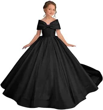 Puffy Tulle Dress, Gowns With Bow, Black Flower Girl, Bridesmaid Satin, Girls Bridesmaid Dresses, Dresses Pageant, Girls Long Dresses, Wedding Girl, Baptism Dress