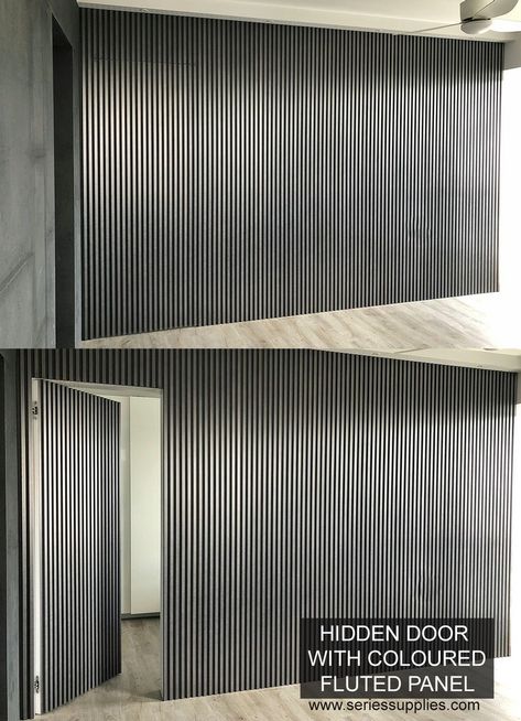 HIDDEN DOOR WITH FLUTED PANEL Kitchen With Fluted Panel, Hidden Door Cladding, Door Cladding Interiors, Hidden Powder Room Door, Wall Paneling Hidden Door, Hidden Door With Paneling, Duct Work Cover Ideas, Hidden Interior Doors, Hidden Door In Bedroom