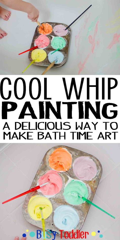 Cool Whip Painting: A delicious way to make bath time art. Cool Whip Paint, Bath Activities For Toddlers, Cool Whip Painting, Cool Whip Sensory Play, Homemade Paint For Kids, Whipped Cream Painting, Whipped Cream Sensory Play, Mess Free Painting For Baby, Bath Paint For Kids Diy