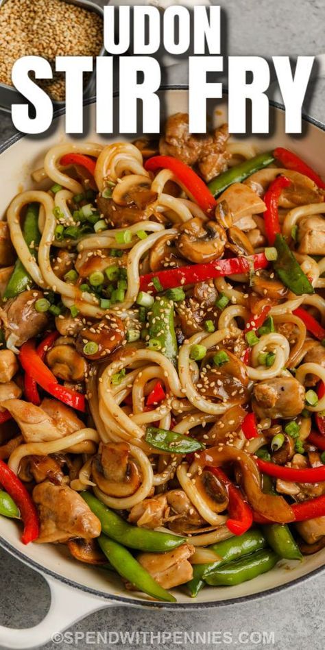 There are so few calories in this easy-to-make udon stir fry recipe. Chewy udon noodles are cooked with juicy chicken thighs, fresh vegetables, and tossed with a thick spicy and sweet sauce. This recipe is so versatile, replace the chicken with some pork, beef, or shrimp. Add any leftover veggies from the fridge to add some color and stretch this dish even further! This dish is perfect for a quick and easy weeknight meal. #udonstirfry #udonnoodlestirfry #udonstirfrysauce #spendwithpennies Pork Udon Noodles Stir Fry, Udon Noodle Stir Fry Chicken, Chicken Udon Noodle Recipe Stir Fry, Udon Stir Fry Recipe, Japanese Soups, Chicken Thigh Stir Fry, Chicken Udon Noodles, Pork Udon, Fried Chicken Thigh Recipes