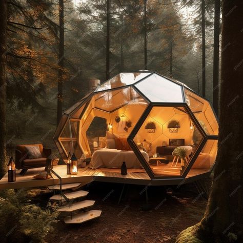 A modern structure tent in nature Glamping pod | Premium AI-generated image Platform Tent, Unique Glamping, Tent Platform, Modern Structure, Chimney Rock, Portable Sauna, Log Fires, Dome House, Dome Tent