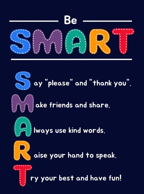 BE SMART poster for teachers to use in the classroom for behaviour management. Thoughts For Classroom Board, Educational Classroom Decor, Classroom Management Posters, Motivational Charts For Classrooms, Classroom Affirmations For Kids, Be Smart Quotes, School Posters Ideas, Behaviour Management Ideas, Classroom Poster Ideas