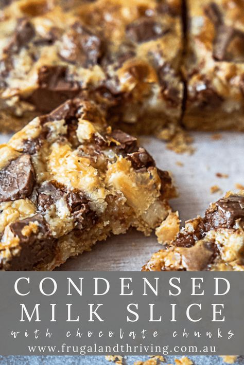 Looking for a sweet treat? This condensed milk slice has a sweet, caramel flavour with hits of chocolate and almond goodness. Thermomix Slices Easy, Dessert Using Condensed Milk, Chocolate And Condensed Milk Recipes, Australian Slice Recipes, Condensed Milk Recipes Cookies, Healthy Slices Recipes, Dessert Recipes Using Sweetened Condensed Milk, Chocolate Condensed Milk Recipes, Caramel Slice Condensed Milk