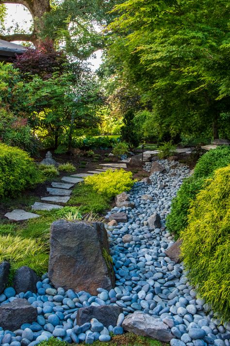 Asian inspired landscape with a dry creek bed and stone walking path. Property Divider Landscaping, Fence Options, Privacy Landscaping, Big Lake, Backyard Privacy, Privacy Panels, Privacy Walls, Lake Cabins, Fenced In Yard