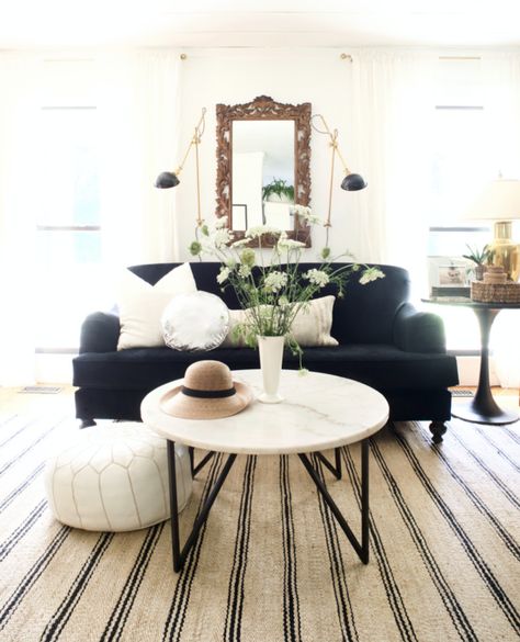 A Summer Home Tour Velvet Sofa Living Rooms, Black Velvet Sofa Living Rooms, Sofa Living Rooms, The Nester, Black Velvet Sofa, Black Sofa, Black Table, Sofa Living, Modern Light Fixtures