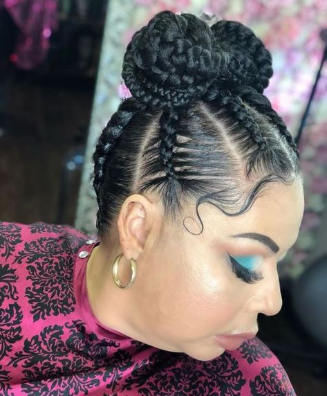 Goddess Braids into Bun Updo Feed In Braids Updo Buns, Goddess Braid Bun, Goddess Braid Ponytail, Black Braided Updo, Goddess Braids Updo, Goddess Braid Styles, Braided Buns, Natural Updo, Backyard Tent