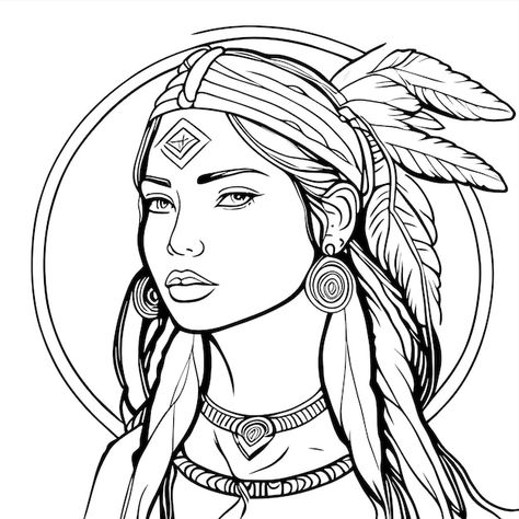 Native american tribal chief indigenous ... | Premium Vector #Freepik #vector #female-illustration #coloring-page #character-illustration #adult-coloring-pages Sticker Icon, Female Illustration, Native American Warrior, Woman Hand, Grayscale Coloring Books, Grayscale Coloring, Woman Drawing, Cartoon Stickers, Cartoon Clip Art