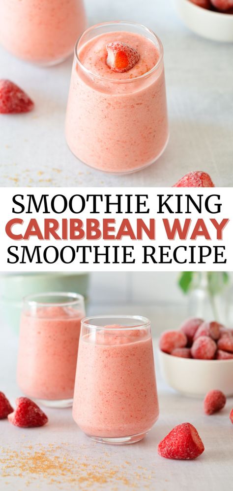 strawberry smoothie with strawberries on top Smoothie King Gladiator Recipe, Smoothie King Recipes Copycat, Angel Food Smoothie, Smoothie King Recipes, Recipes Copycat, Smoothie King, Greek Yogurt Recipes, Strawberry Banana Smoothie, Good Smoothies