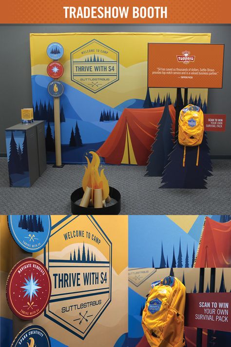 This survival or camping-themed tradeshow booth comes complete with tent, trees, and even a campfire! Outdoor Trade Show Booth Ideas, Outdoor Market Booth Ideas, Tradeshow Signage, Exhibition Booth Design Ideas Creative, Camping Display, Creative Booth Design, Tradeshow Booth Backdrop, Beer Exhibition, Exhibit Booth Design