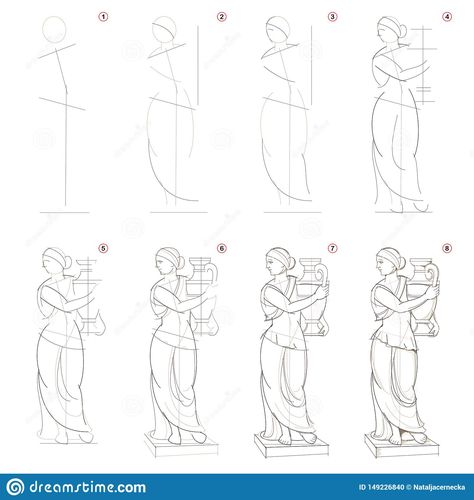 How to create step by step pencil drawing. Page shows how to learn step by step draw imaginary Greek women statue.. Illustration about book, handdrawn, game, learn, kids - 149226840 Greece Drawing, Greek Drawing, Disney Drawing Tutorial, Flower Drawing Tutorials, Draw Sketch, Learn Art, Figure Drawing Reference, Step Drawing, Sketches Easy