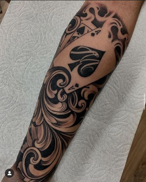 Hand Tattoos For Women Western, Leather Tattoo Sleeve, Sleeve Tattoo Background, Men’s Sleeve Tattoos Ideas, Blue Collar Tattoo For Men, Tooled Leather Tattoo Sleeve, Mens Filigree Tattoo, Filligree Tattoos, Medium Tattoos